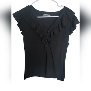 Kenar Black Ruffle V-Neck Top